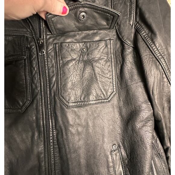 Black Rivet Leather Jacket GIII Mens SMALL Bomber Removable Hood MSRP $600 - Picture 9 of 16